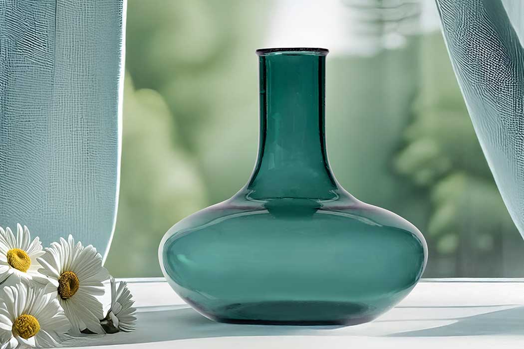A teal glass vase sits on a windowsill between sheer blue curtains, with white daisies beside it. The soft-focus background shows a sunlit green landscape.